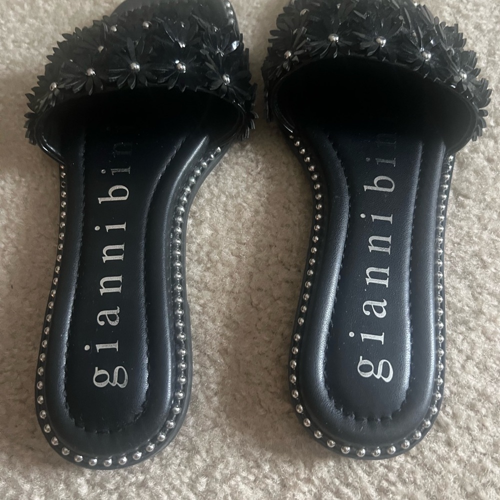 Gianni Bini Black Floral Slide Sandals with Stud Trim